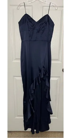 AQUA Strapless Navy Blue Ruffle Maxi Dress | size XL thumbnail 1