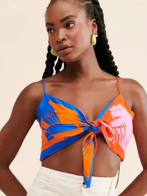 Farm Rio Mixed Rainbow Toucans Crop Top Blue Orange Pink Tie-Front Bra Top thumbnail 1