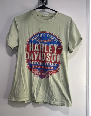 Harley Davidson Biker Graphic T-Shirt Sz:M Sage Green Distressed Cotton Tee thumbnail 1