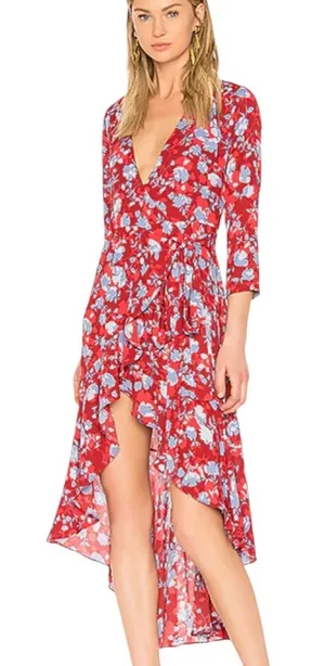 Alexis Silk Lorna Rouge Floral Wrap Midi Ruffle Hem Dress Size XS thumbnail 1