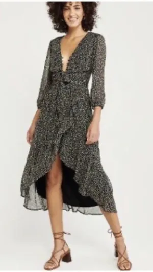 Abercrombie‎ Fitch Floral Print Ruffle Wrap Midi Dress Black Size S NEW thumbnail 1