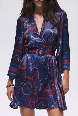 Hermoza Gabriela Printed Satin Belted Dress Midnight Blue Red thumbnail 1
