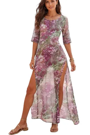 Womens Silk Floral Burnout Sheer Kaftan Dress Slits Boho Chic Maximalist Summer thumbnail 1