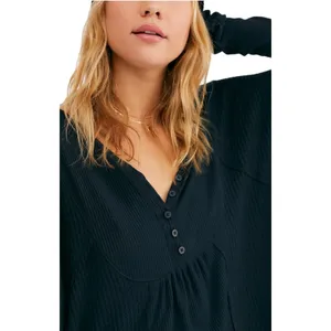 FREE PEOPLE Women’s Boho Leo Henley Black Long Sleeve Knit Top thumbnail 2