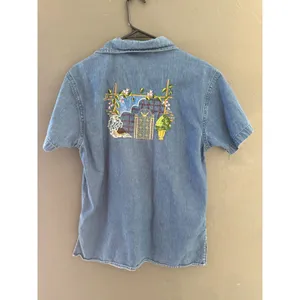 Effeci Vintage Sm Blue Denim Embroidered Garden Short Sleeve Button Down Shirt thumbnail 3