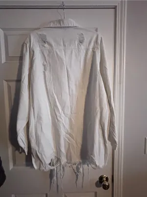 White Distressed Long Denim Jacket - Women's thumbnail 5