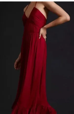 ANTHROPOLOGIE Women’s Crimson Red Crinkle Halter Midi Dress medium thumbnail 1