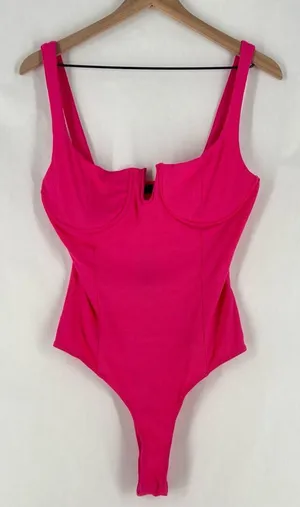Lulu's Vibrant Pink Stretch Ribbed Sleeveless Wired Bra‎ Thong Bodysuit NWT XL thumbnail 1