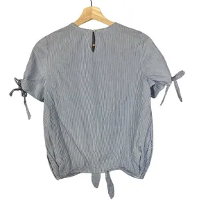 Zara Blue & White Stripe Tie Front‎ Short Sleeve Blouse M thumbnail 2