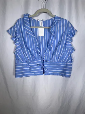H&M Womens Tie Front Poplin Blouse Blue White Stripe Xl New With Tags thumbnail 2