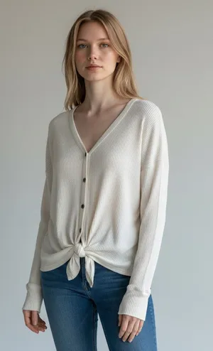 Abercrombie & Fitch Soft AF Cozy Cream Ribbed Knit Tie Front V-Neck Sweater Sz S thumbnail 1