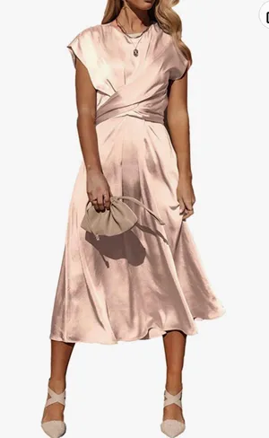 PRETTYGARDEN Women's 2023 Summer Satin Midi Dress Cap Sleeve Tie Waist Elegant A-Line Flowy Dresses thumbnail 1