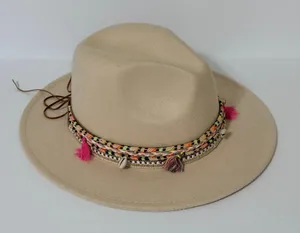 Boho Western Wool Fedora Rancher Hat with Tassels‎ Seashells Boho Festival thumbnail 1