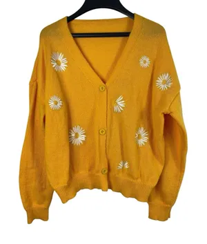 Sunshine Yellow Daisy Embroidered Button Front Cardigan Sweater M Short/Cropped thumbnail 1