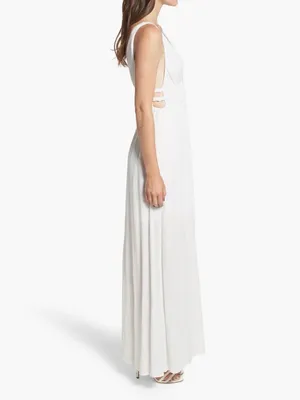 White V-Neck Smocked Waist Flowing Sophisticated Sleeveless Maxi Dress thumbnail 5