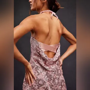 Free People Night Gaze Mini Sequin Fit & Flare Dress Blush Pink large - NWOT thumbnail 2