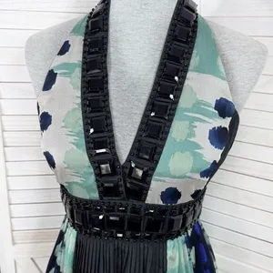 Zara Beaded Silk Pleated Multi Pattern Fit‎ Flare Halter Dress Black Teal Medium thumbnail 5