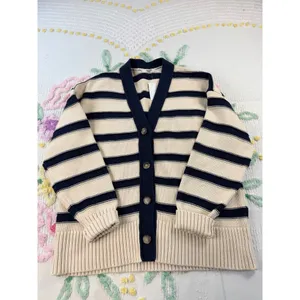 Madewell Striped Navy Cream V Neck S Button‎ Front Knit Cardigan Sweater Women thumbnail 3