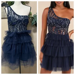 Lulus Fanciful Charm Navy Mesh Beaded Tiered One-Shoulder Mini Dress thumbnail 2