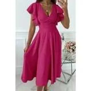 PrettyGarden Womens Hot Pink Ruffle‎ Sleeve V-Neck Maxi Dress Size L NWT thumbnail 2