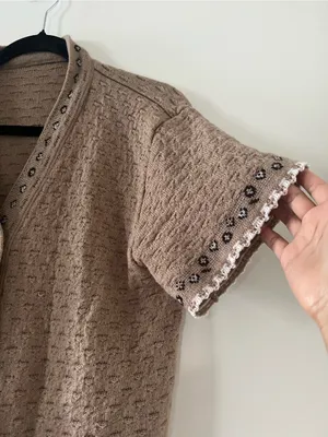 Brown Knit Short Sleeve Cardigan Sweater Large Embroidered Grandpa Folk Cottage thumbnail 2