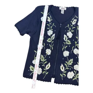 Worthington Vintage Navy Blue Floral Embroidered Zip Up Tassel Cardigan Large thumbnail 5