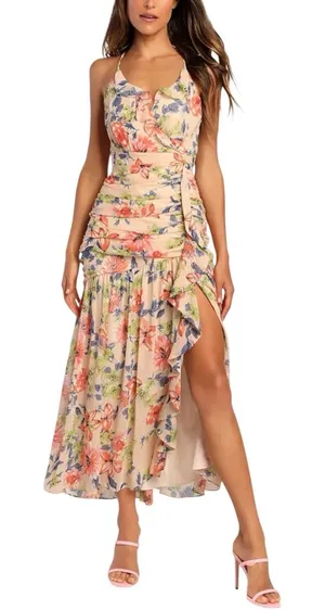 Lulu's Stunning Soiree Blush Pink Floral Chiffon Ruched Midi Dress MEDIUM thumbnail 1
