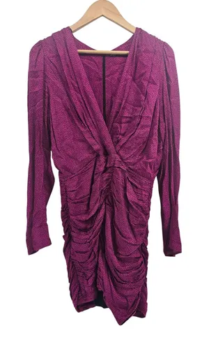 Zara Dress Womens Medium Ruched Mini Magenta Black Polka Dot Long Sleeve EUC thumbnail 1