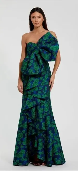 NWT Mac Duggal 27593 Strapless Brocade Oversize Bow Ruffle Fitted Gown 6 thumbnail 1