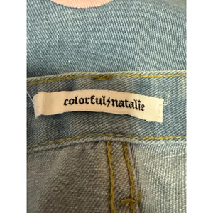 Colorful Natalie Blue Pink Hearts High Waisted Baggy Wide Leg Denim Jeans Size L thumbnail 5