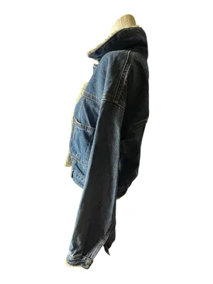 FOREVER 21 Denim Sherpa-Lined Jacket in Blue and Cream Sz S thumbnail 5