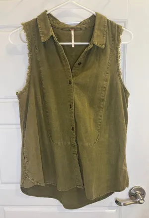 Free People Olive Green Linen Blend Sleeveless Button Down Tunic Top XS thumbnail 1