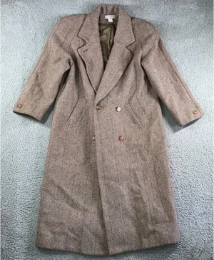 Vintage Herringbone Double Breasted‎ Full Length 100% Wool OverCoat Women 10 thumbnail 1