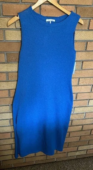 NWT STITCHDROP Sleeveless Frayed Front Midi Sweater Dress in Vivid Blue Size M thumbnail 1