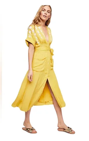 Free People Dress Midi Yellow Floral Medium thumbnail 3