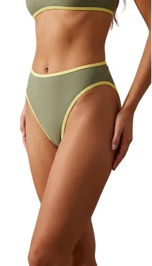 Salt + Cove Womens High Leg Bikini Bottoms Olive‎ Green Yellow Trim Size S NEW thumbnail 1
