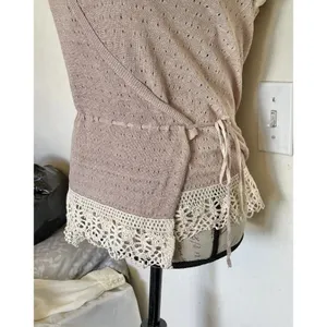 Banana Republic Women Knit Top Crochet Boho Neutral Lace Trim Surplice Wrap XS thumbnail 5