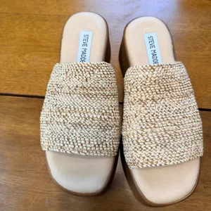 Steve Madden Raffia Platform Slide Sandals‎ Tan Woven Wedge size 37 Italy thumbnail 10