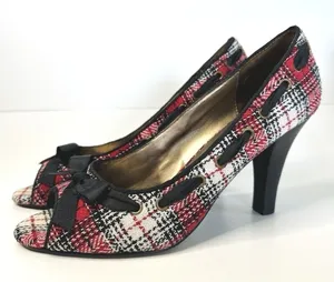 Steve Madden NINNA Plaid Peep Toe Heels Size 9 M Red Tweed Bow‎ Twee Y2K Pin-Up thumbnail 1