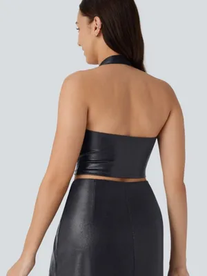 NWOT Halara Shiny Dusty Black SoftlyZero Faux Leather Halter Cropped Tank Top thumbnail 2