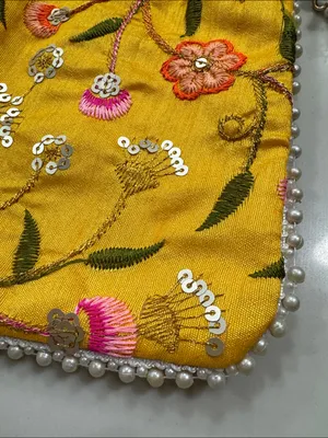Yellow Floral Embroidered Indian potli Bag thumbnail 7