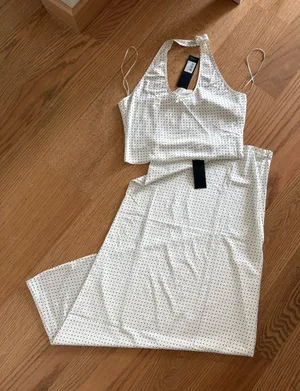 Lioness Polka Dot Satin Maxi Skirt and top set - White with Black Dots thumbnail 1