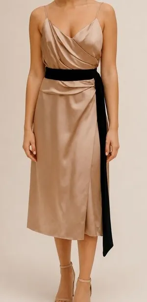 Vera Wang Maids Taupe Tea Length Sleeveless Waist Tie Formal Bridesmaid Dress thumbnail 1