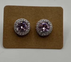 Pink Crystal Halo Stud Earrings Silver Tone Rhinestone Posts Purple thumbnail 1