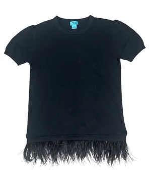 Black Feather-Hem Cashmere Short Sleeve Tee Sweater thumbnail 1