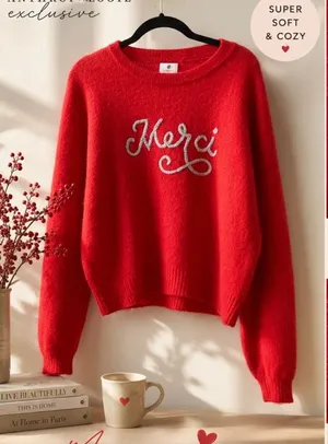 Sundry Merci Red Cozy Knit Sweater Large Super Soft Parisian Chic Anthropologie thumbnail 2