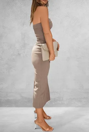 PRETTYGARDEN Ribbed tan strapless dress thumbnail 2