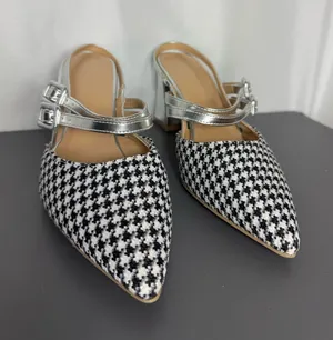 Pointed Houndstooth casual business party preppy Slingback Flats Black White 39 thumbnail 1
