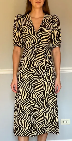 Gina Tricot Midi Wrap Dress Size 34 Zebra Animal Print Puff Sleeve V Neck thumbnail 1
