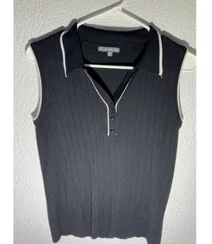 Adrianna Papell Black Ribbed Knit Sleeveless Polo Top Size M thumbnail 1